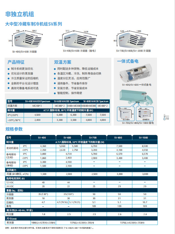 冷王sv400 sv600 sv700 sv800 sv1000冷藏机组性能参数
